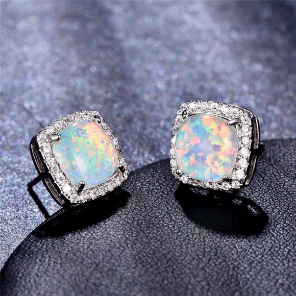 NEW White Gold White Opal Diamond Halo Earrings - Picture 3 of 6